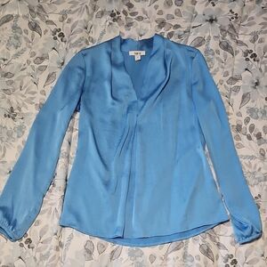 Bar III Sky Blue Satin V-Neck Long-Sleeve Blouse